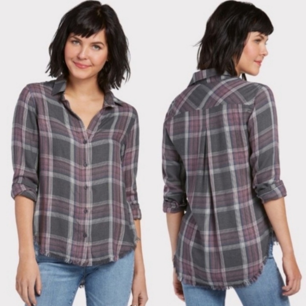 Cloth & Stone Button Down Gray Plaid Blouse Size XS